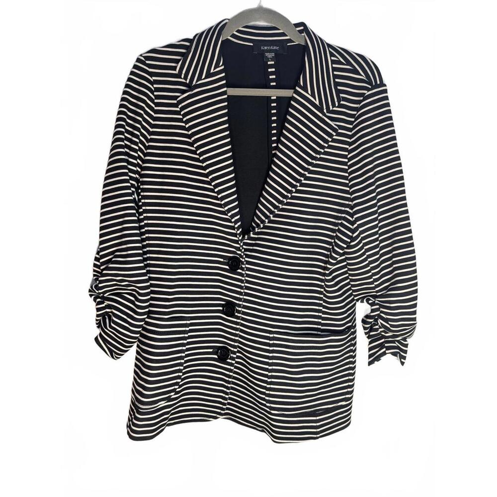 Karen Kane Blazer Jacket Womens L Black white Striped Notch Lapel Button Up